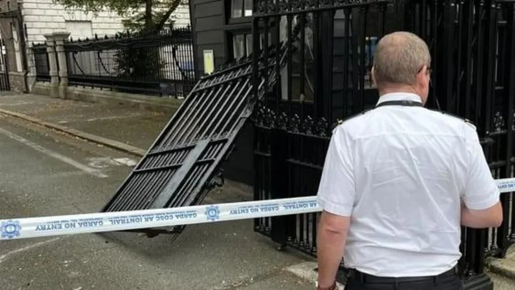 The gates at the Office of the Attorney General were damaged in the incident